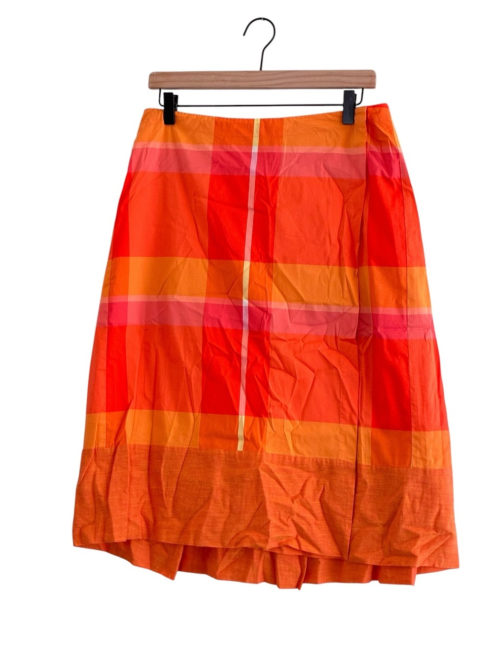 DKNY | Y2K Orange plaid color block faux wrap midi skirt cotton blend size 10